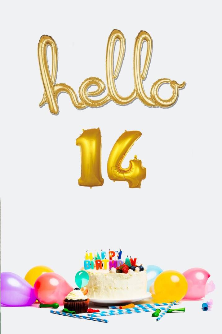 14 Yaş Doğum Günü Balonları - Hello 14 El Yazısı Gold Renk Folyo Balon - 1
