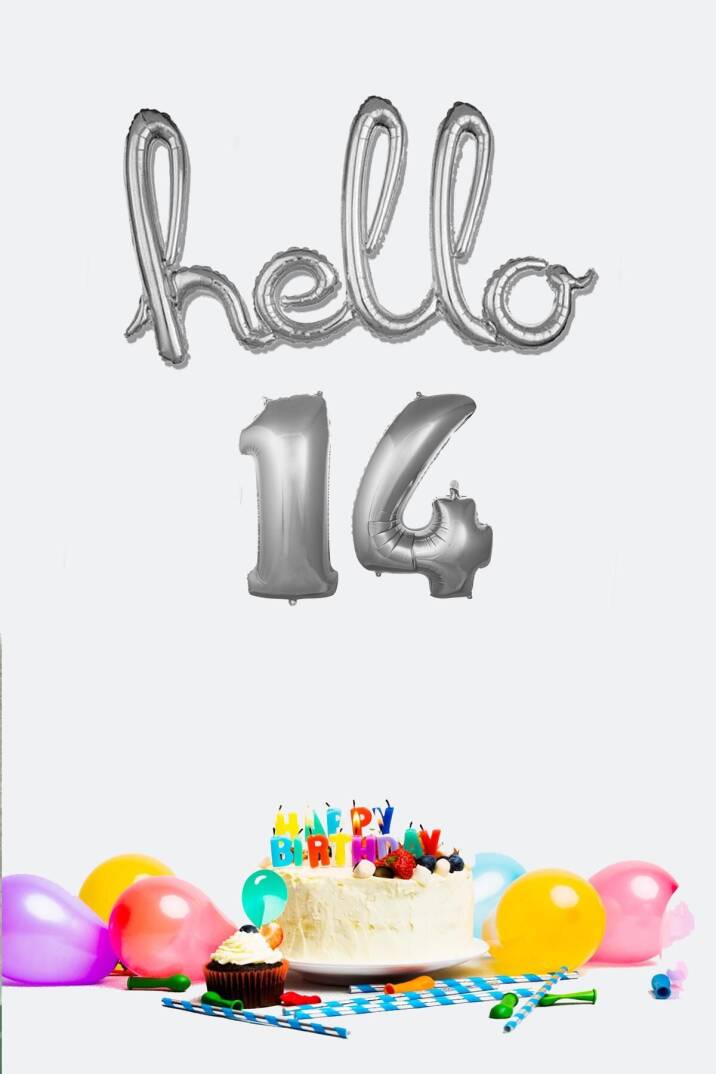 14 Yaş Doğum Günü Balonları - Hello 14 El Yazısı Gümüş Renk Folyo Balon - 1