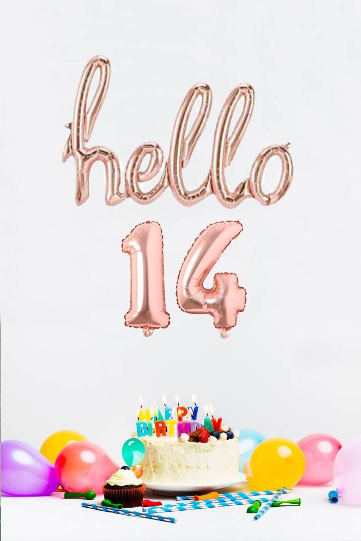 14 Yaş Doğum Günü Balonları - Hello 14 El Yazısı Rose Gold Renk Folyo Balon - 1