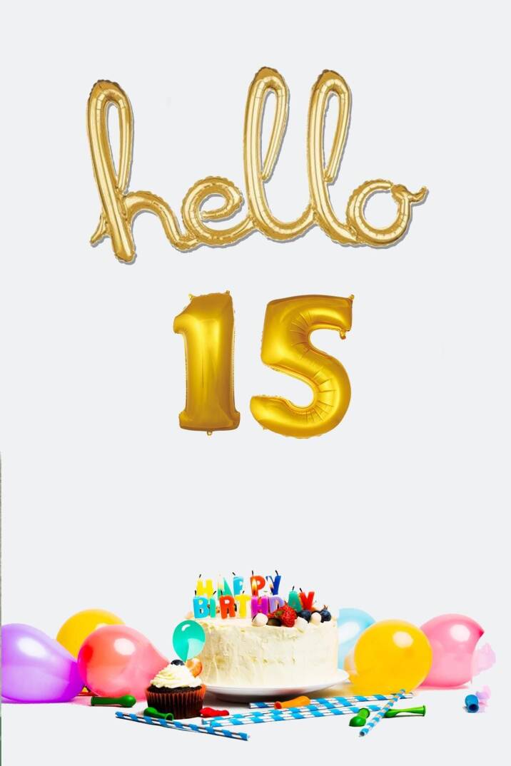15 Yaş Doğum Günü Balonları - Hello 15 El Yazısı Gold Renk Folyo Balon - 1
