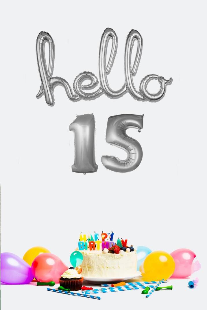 15 Yaş Doğum Günü Balonları - Hello 15 El Yazısı Gümüş Renk Folyo Balon - 1