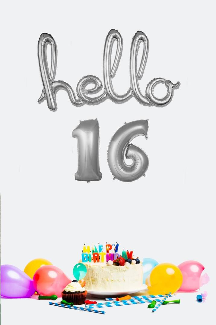 16 Yaş Doğum Günü Balonları - Hello 16 El Yazısı Gümüş Renk Folyo Balon - 1