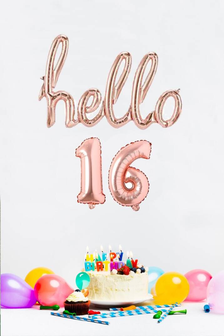 16 Yaş Doğum Günü Balonları - Hello 16 El Yazısı Rose Gold Renk Folyo Balon - 1
