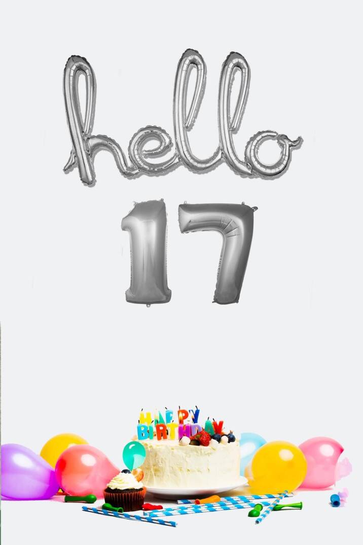 17 Yaş Doğum Günü Balonları - Hello 17 El Yazısı Gümüş Renk Folyo Balon - 1