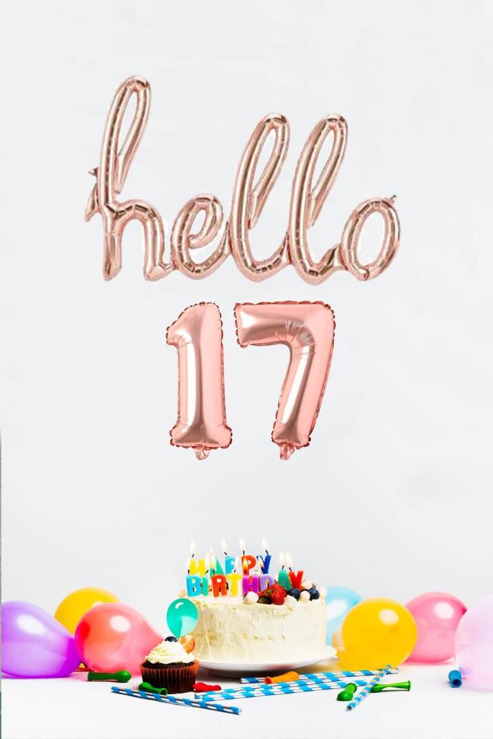 17 Yaş Doğum Günü Balonları - Hello 17 El Yazısı Rose Gold Renk Folyo Balon - 1