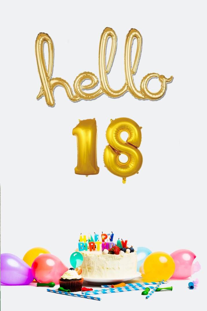 18 Yaş Doğum Günü Balonları - Hello 18 El Yazısı Gold Renk Folyo Balon - 1