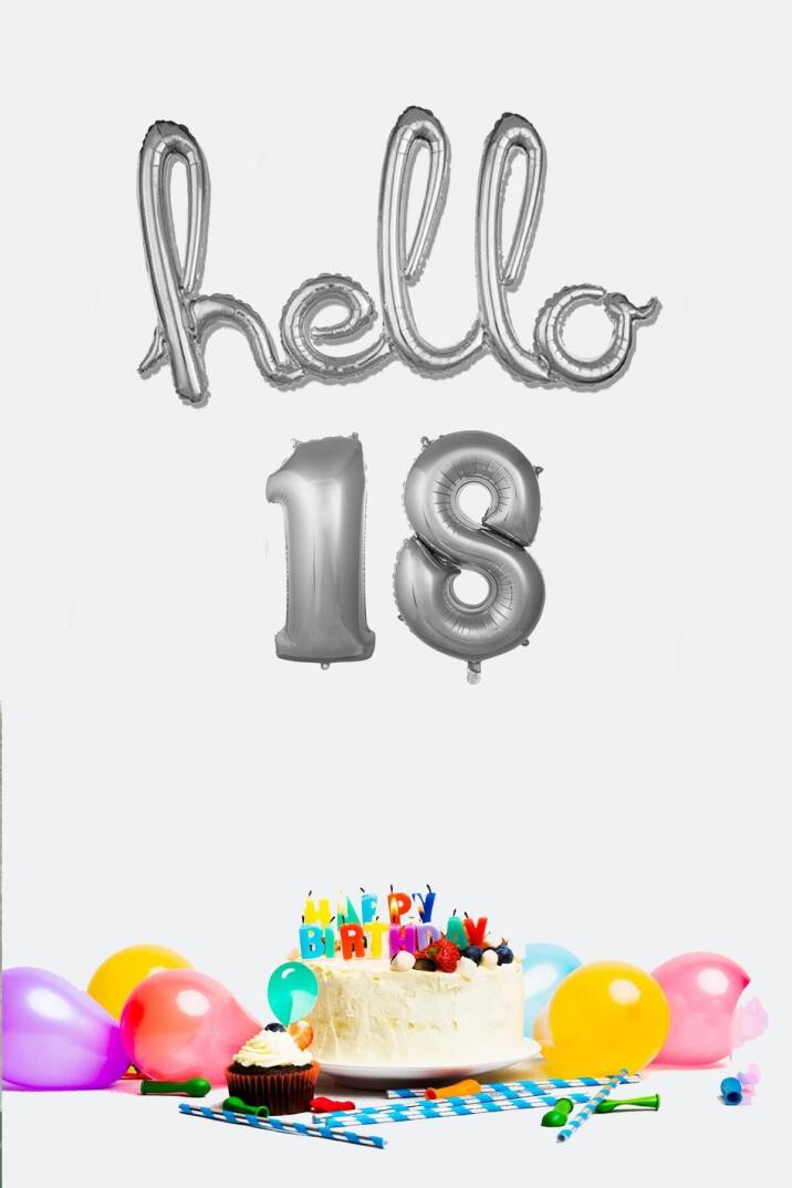 18 Yaş Doğum Günü Balonları - Hello 18 El Yazısı Gümüş Renk Folyo Balon - 1
