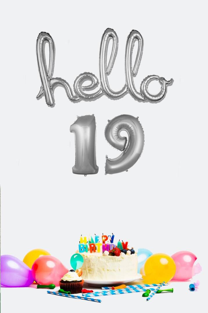 19 Yaş Doğum Günü Balonları - Hello 19 El Yazısı Gümüş Renk Folyo Balon - 1