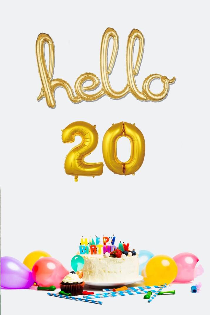 20 Yaş Doğum Günü Balonları - Hello 20 El Yazısı Gold Renk Folyo Balon - 1