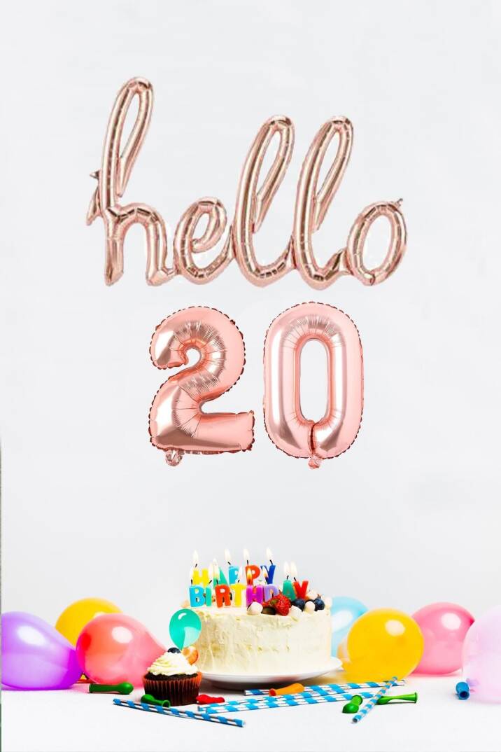 20 Yaş Doğum Günü Balonları - Hello 20 El Yazısı Rose Gold Renk Folyo Balon - 1