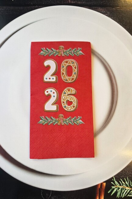 2026 Kurabiye Adam Gingerbread Tasarım Baskılı Kırmızı Yılbaşı Peçetesi 12li Kırmızı Peçete - 1
