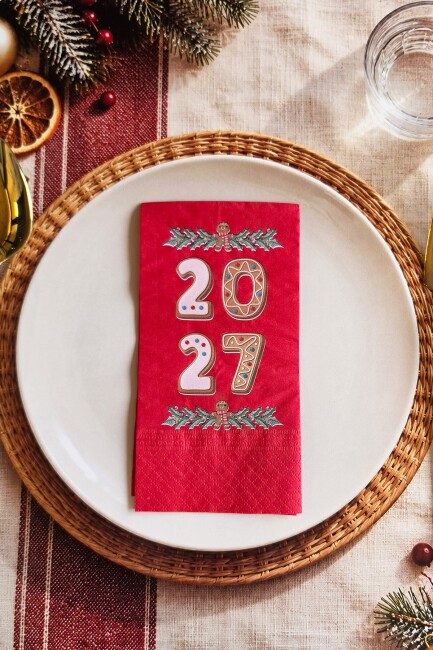 2027 Kurabiye Adam Gingerbread Tasarım Baskılı Kırmızı Yılbaşı Peçetesi 12li Kırmızı Peçete