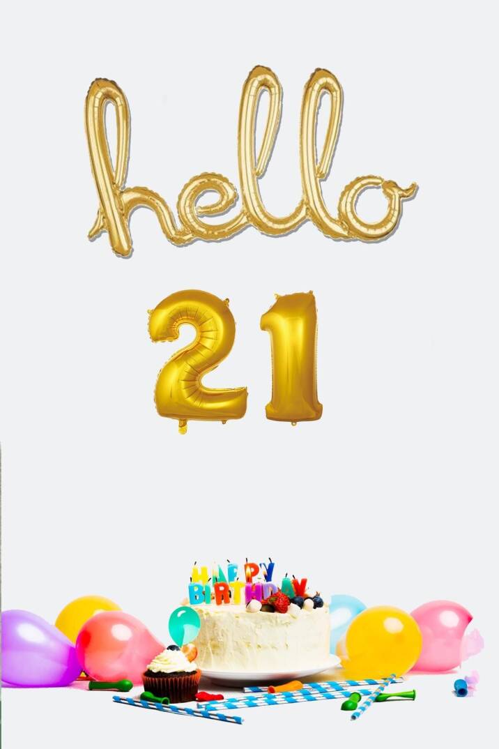 21 Yaş Doğum Günü Balonları - Hello 21 El Yazısı Gold Renk Folyo Balon - 1