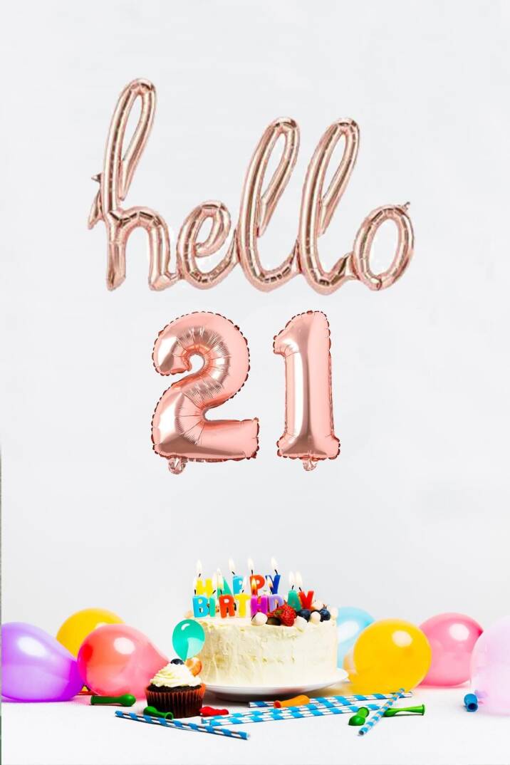 21 Yaş Doğum Günü Balonları - Hello 21 El Yazısı Rose Gold Renk Folyo Balon - 1