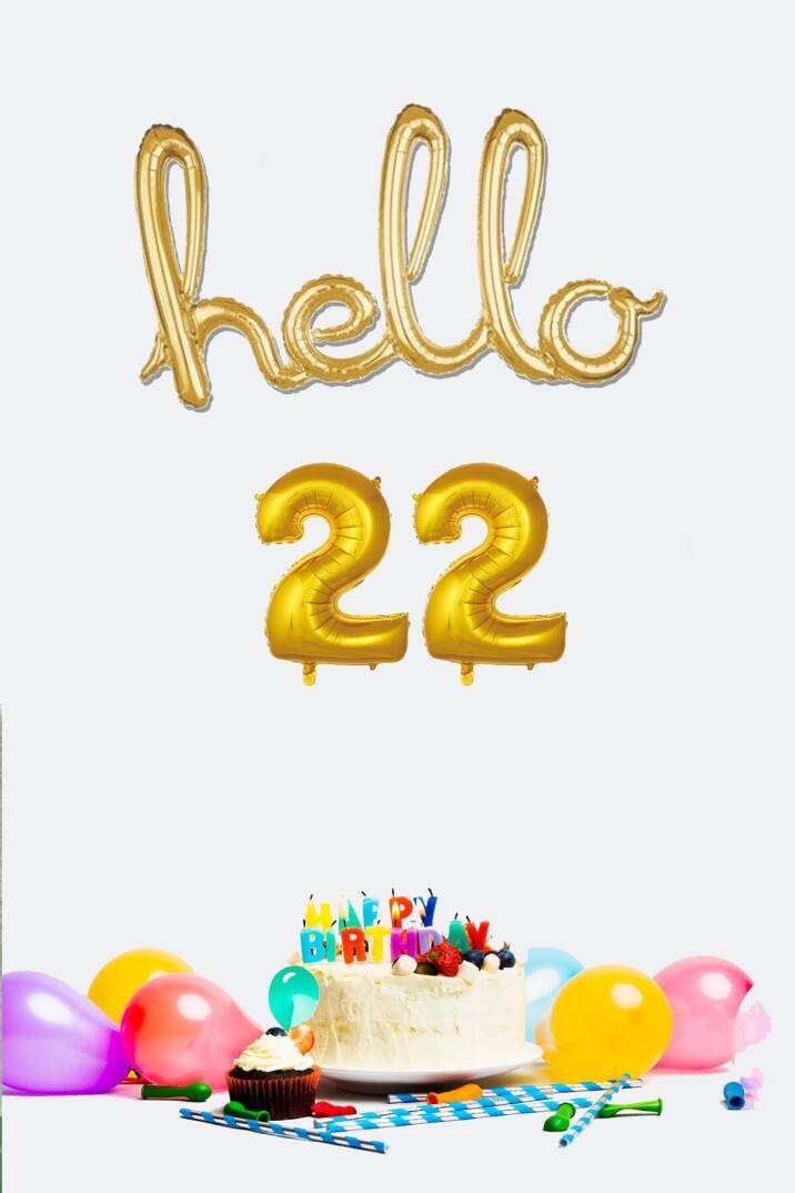 22 Yaş Doğum Günü Balonları - Hello 22 El Yazısı Gold Renk Folyo Balon - 1