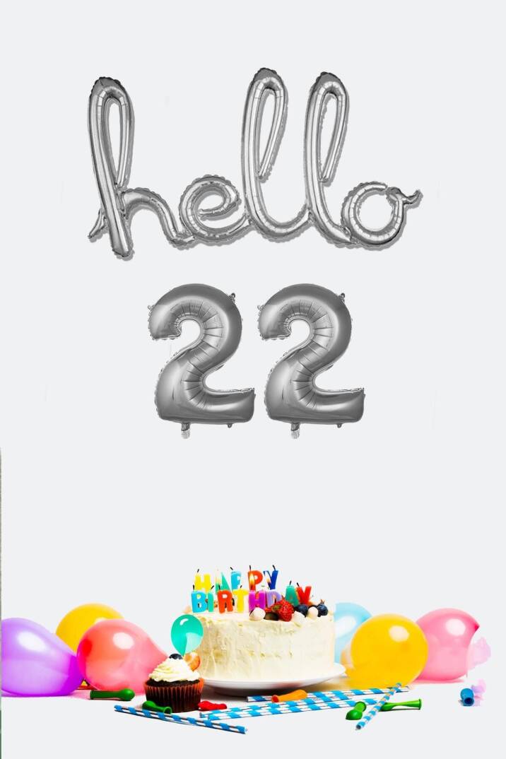 22 Yaş Doğum Günü Balonları - Hello 22 El Yazısı Gümüş Renk Folyo Balon - 1
