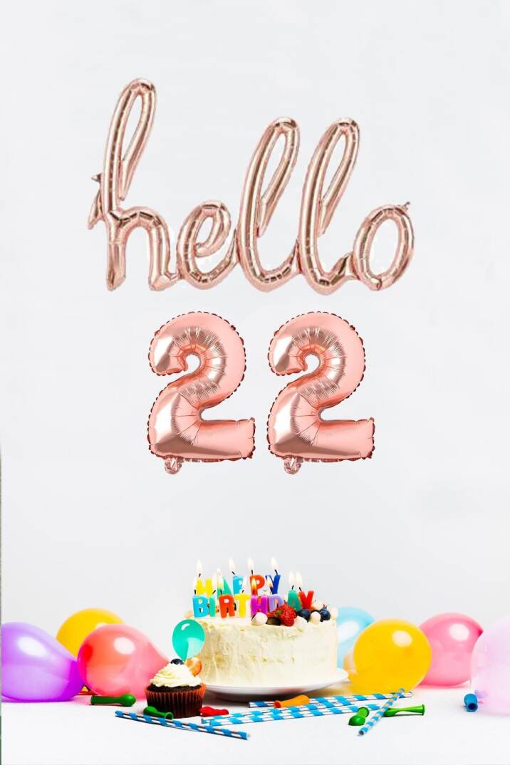 22 Yaş Doğum Günü Balonları - Hello 22 El Yazısı Rose Gold Renk Folyo Balon - 1