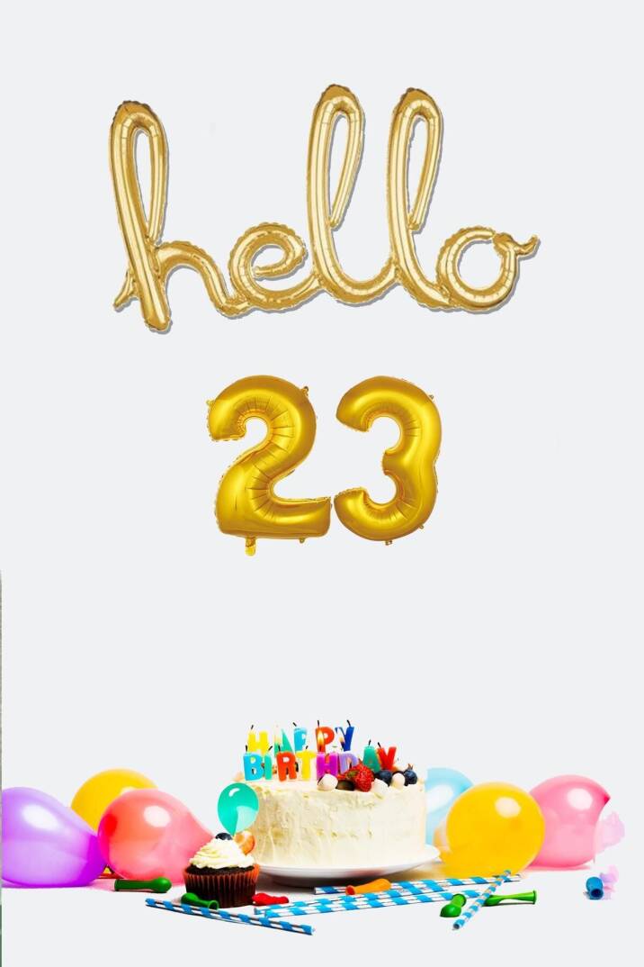 23 Yaş Doğum Günü Balonları - Hello 23 El Yazısı Gold Renk Folyo Balon - 1