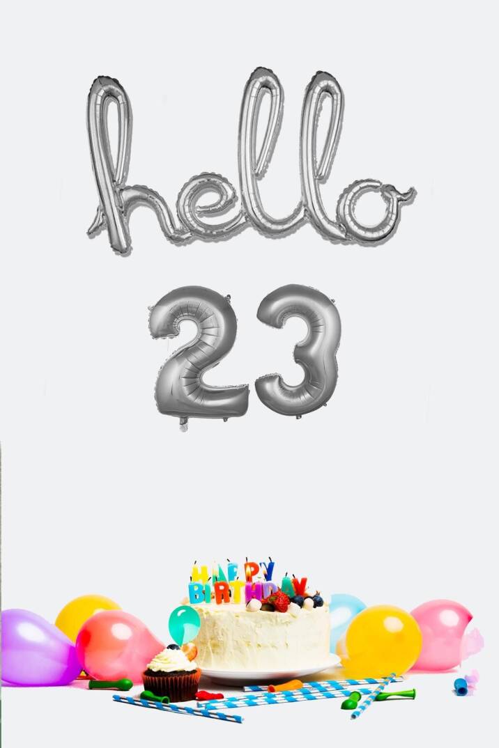 23 Yaş Doğum Günü Balonları - Hello 23 El Yazısı Gümüş Renk Folyo Balon - 1