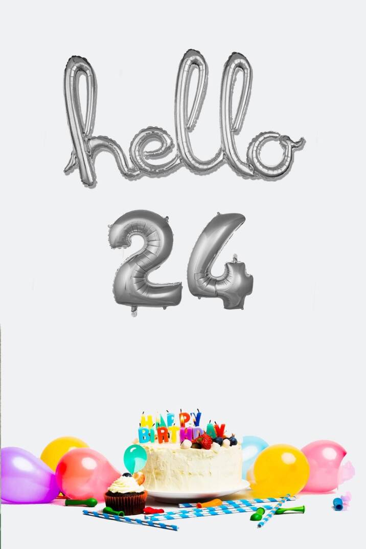 24 Yaş Doğum Günü Balonları - Hello 24 El Yazısı Gümüş Renk Folyo Balon - 1