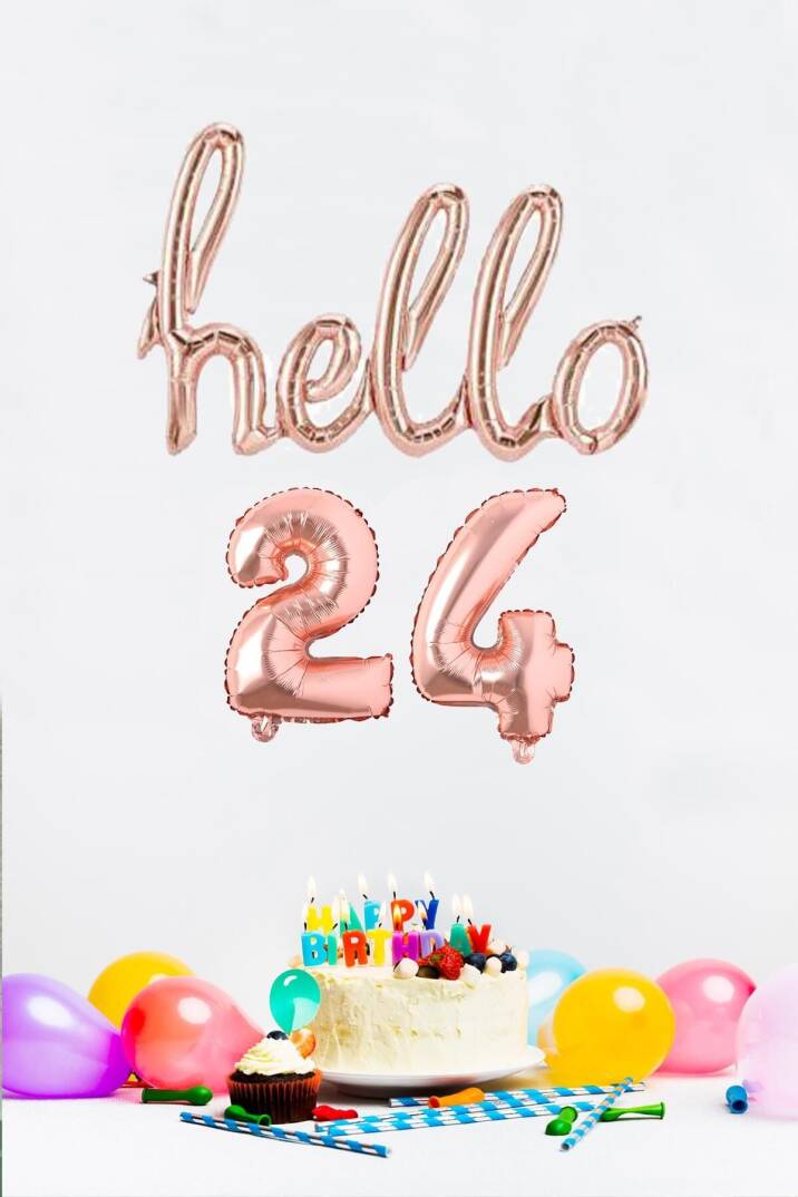 24 Yaş Doğum Günü Balonları - Hello 24 El Yazısı Rose Gold Renk Folyo Balon - 1