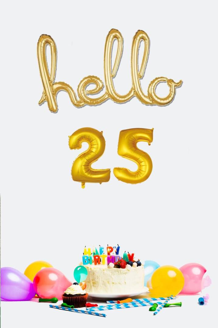 25 Yaş Doğum Günü Balonları - Hello 25 El Yazısı Gold Renk Folyo Balon - 1