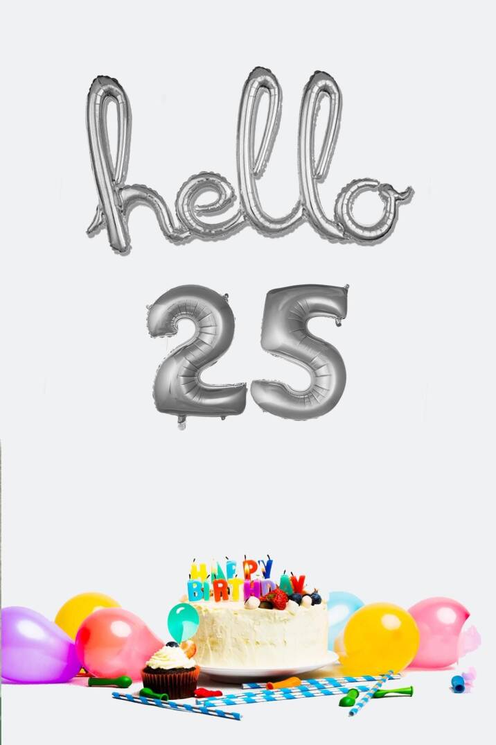25 Yaş Doğum Günü Balonları - Hello 25 El Yazısı Gümüş Renk Folyo Balon - 1