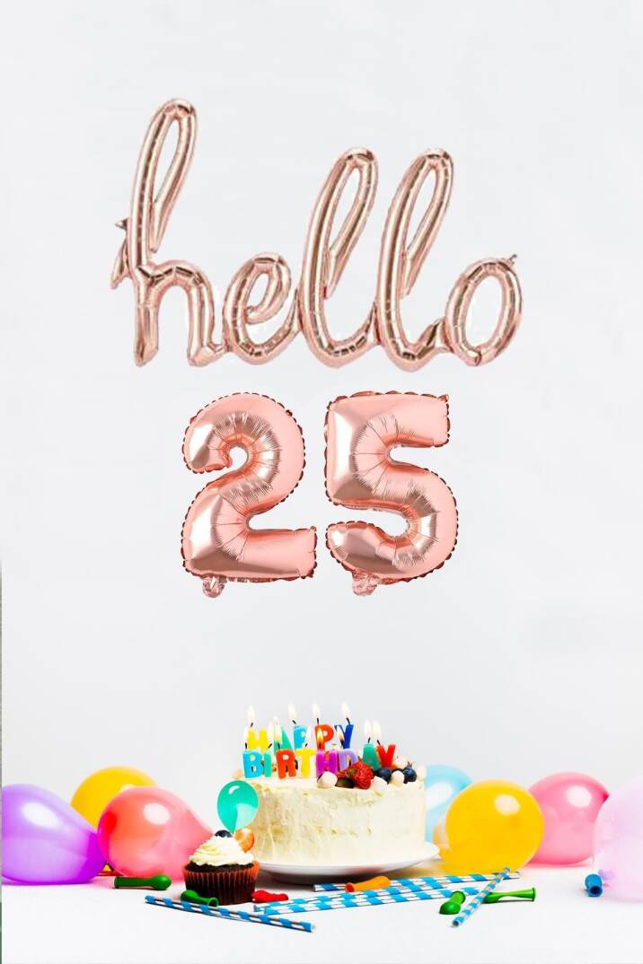 25 Yaş Doğum Günü Balonları - Hello 25 El Yazısı Rose Gold Renk Folyo Balon - 1