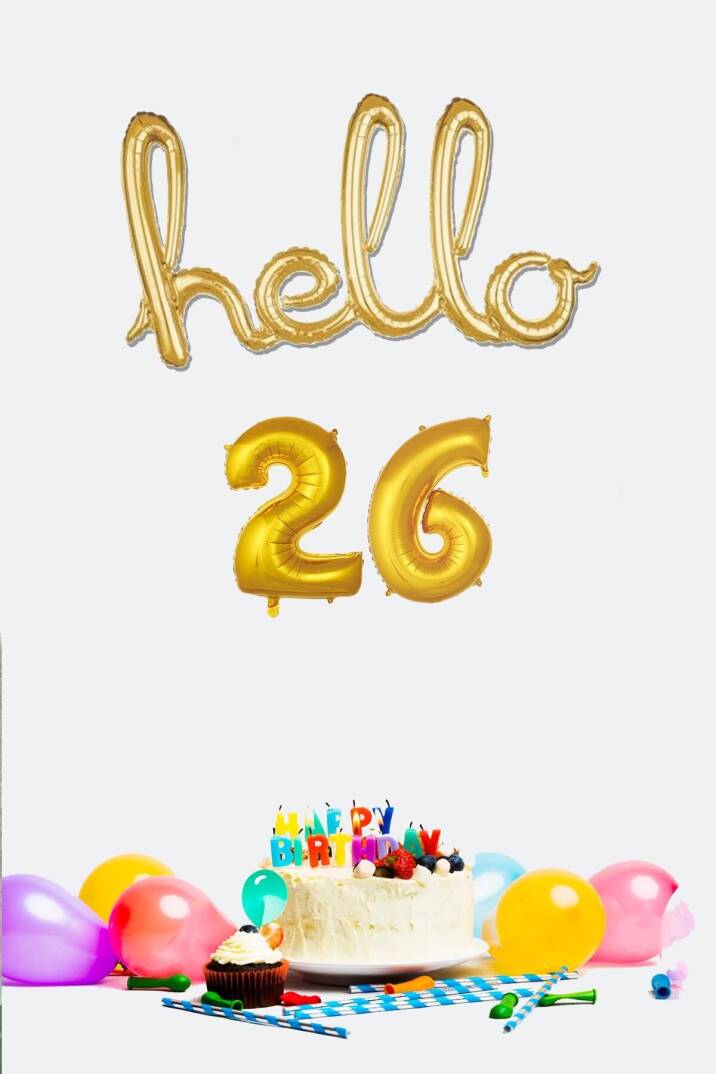 26 Yaş Doğum Günü Balonları - Hello 26 El Yazısı Gold Renk Folyo Balon - 1