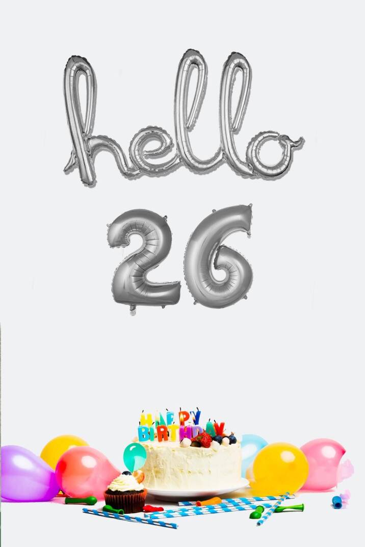 26 Yaş Doğum Günü Balonları - Hello 26 El Yazısı Gümüş Renk Folyo Balon - 1
