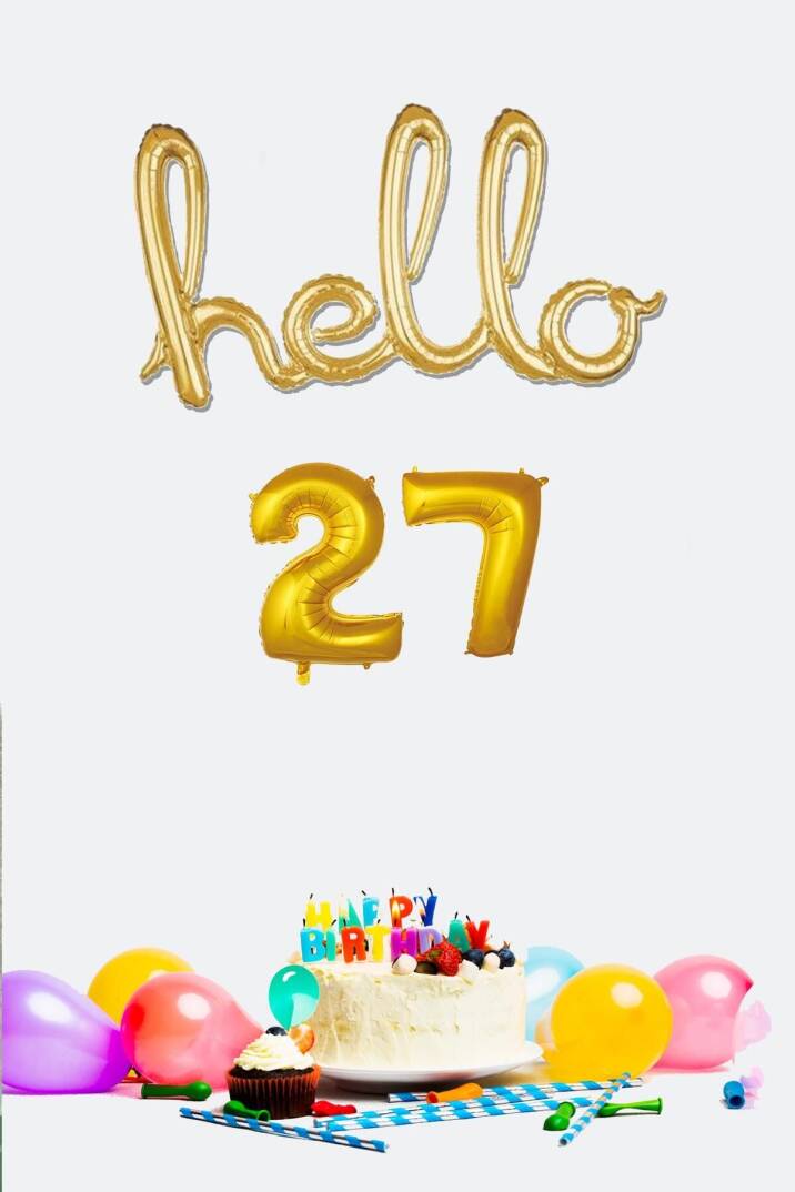 27 Yaş Doğum Günü Balonları - Hello 27 El Yazısı Gold Renk Folyo Balon - 1