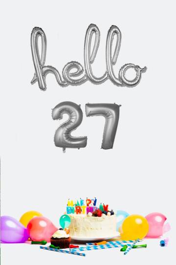 27 Yaş Doğum Günü Balonları - Hello 27 El Yazısı Gümüş Renk Folyo Balon