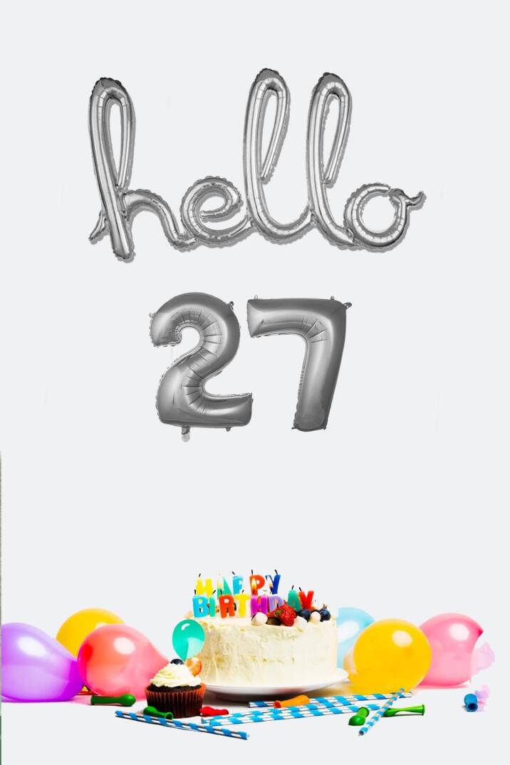 27 Yaş Doğum Günü Balonları - Hello 27 El Yazısı Gümüş Renk Folyo Balon - 1