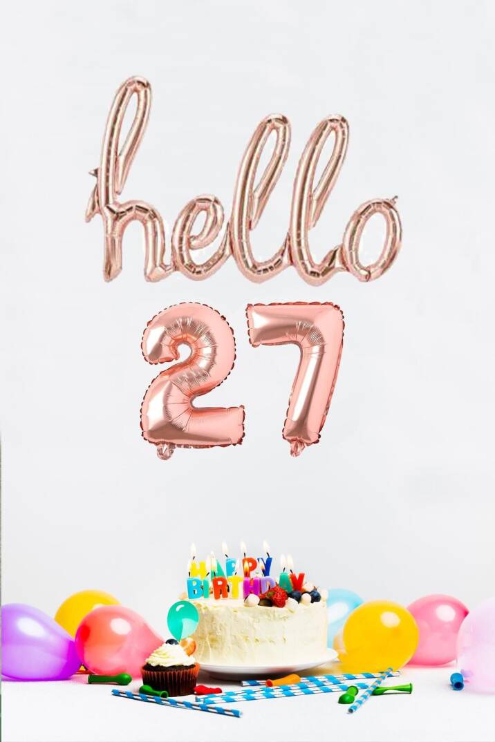 27 Yaş Doğum Günü Balonları - Hello 27 El Yazısı Rose Gold Renk Folyo Balon - 1
