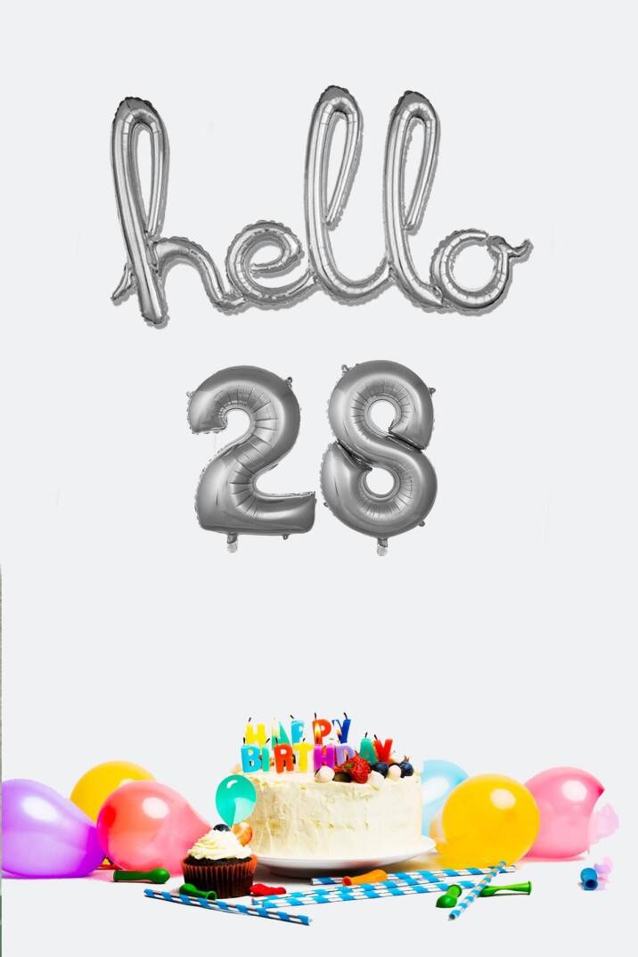 28 Yaş Doğum Günü Balonları - Hello 28 El Yazısı Gümüş Renk Folyo Balon - 1