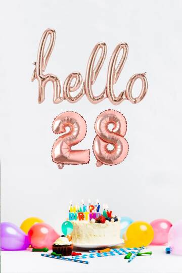 28 Yaş Doğum Günü Balonları - Hello 28 El Yazısı Rose Gold Renk Folyo Balon