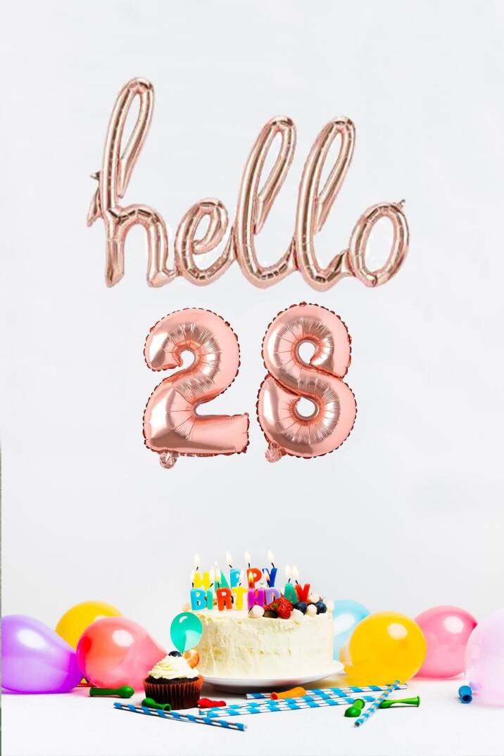 28 Yaş Doğum Günü Balonları - Hello 28 El Yazısı Rose Gold Renk Folyo Balon - 1
