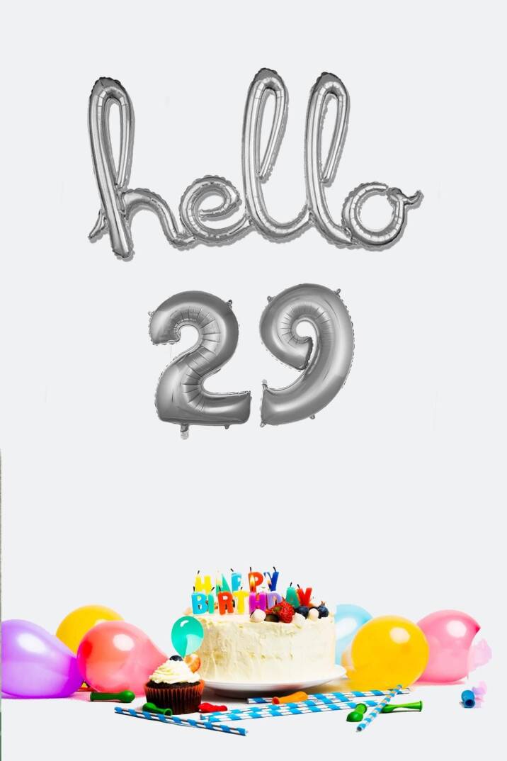 29 Yaş Doğum Günü Balonları - Hello 29 El Yazısı Gümüş Renk Folyo Balon - 1