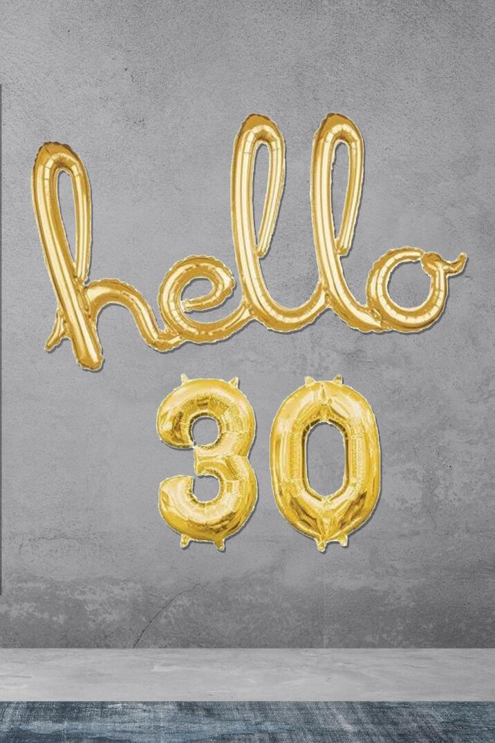 30 Yaş Doğum Günü Balonları - Hello 30 El Yazısı Gold Renk Folyo Balon - 1