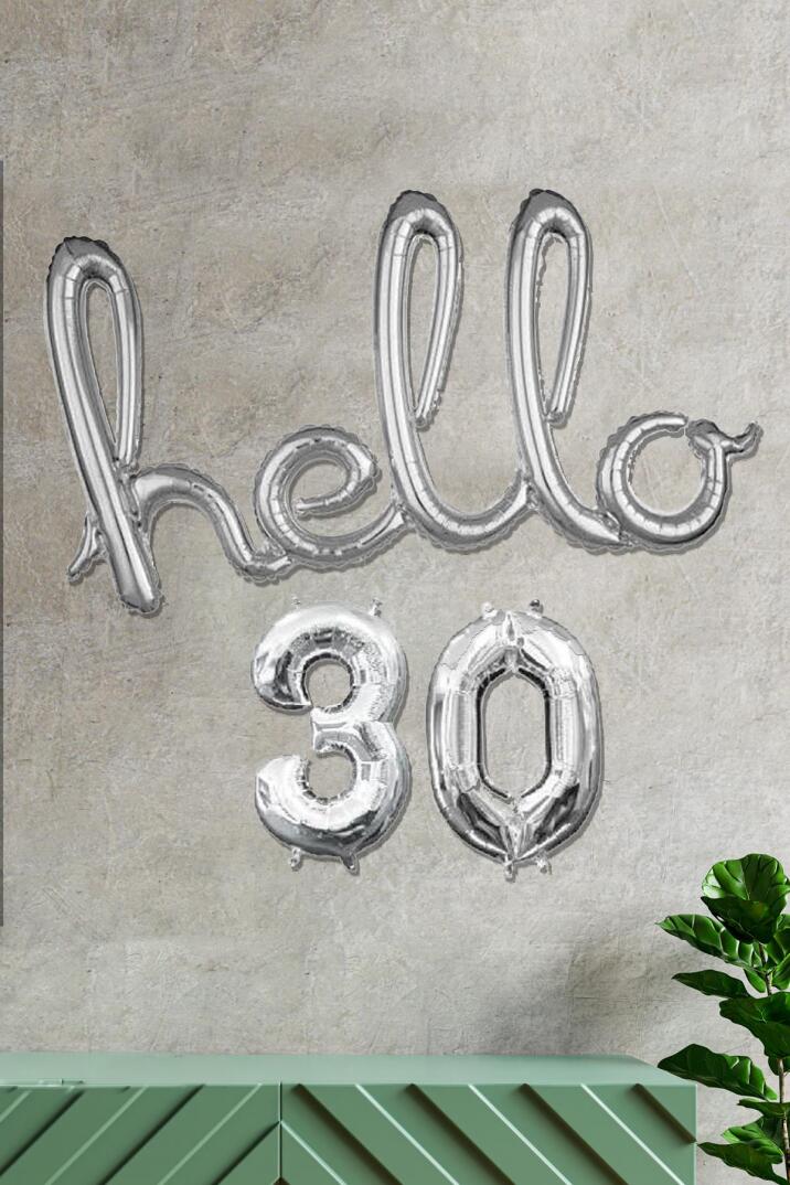 30 Yaş Doğum Günü Balonları - Hello 30 El Yazısı Gümüş Renk Folyo Balon - 1