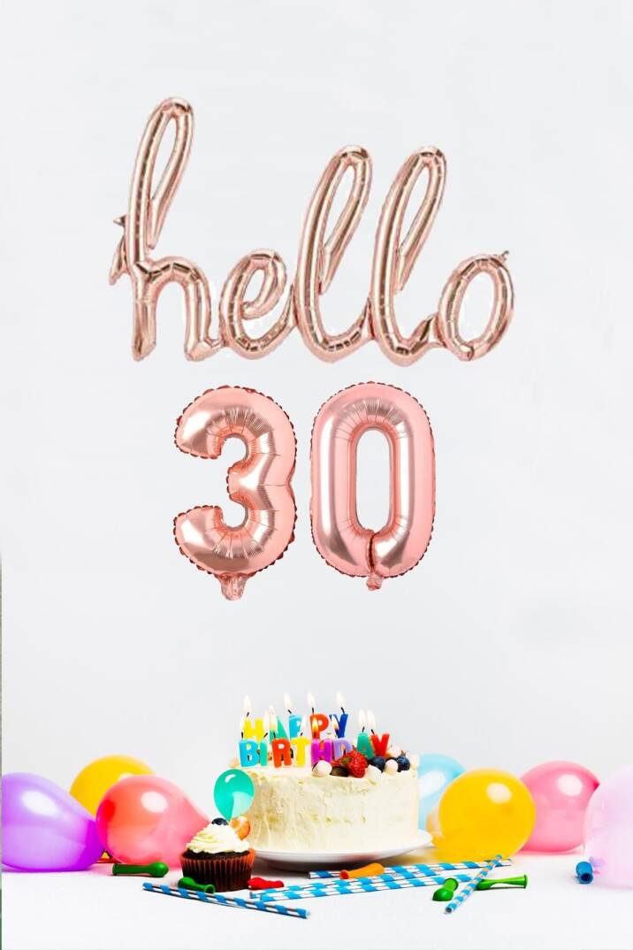 30 Yaş Doğum Günü Balonları - Hello 30 El Yazısı Rose Gold Renk Folyo Balon - 2