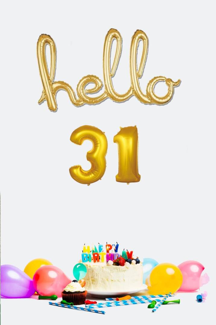 31 Yaş Doğum Günü Balonları - Hello 31 El Yazısı Gold Renk Folyo Balon - 1
