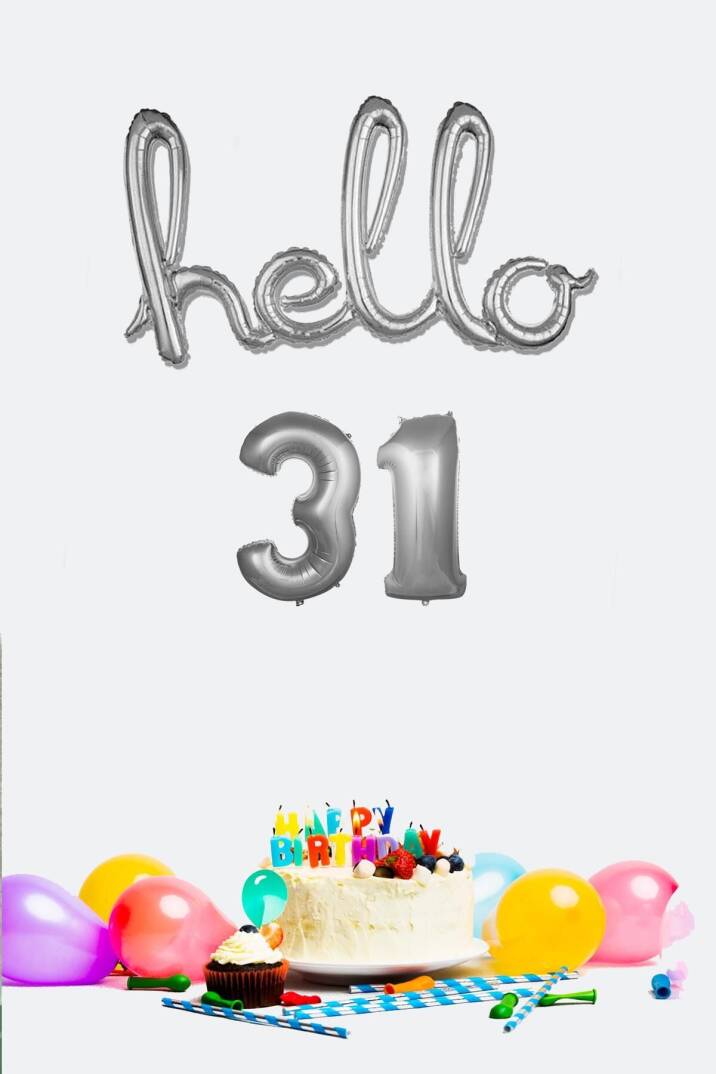 31 Yaş Doğum Günü Balonları - Hello 31 El Yazısı Gümüş Renk Folyo Balon - 1