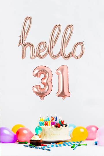 31 Yaş Doğum Günü Balonları - Hello 31 El Yazısı Rose Gold Renk Folyo Balon