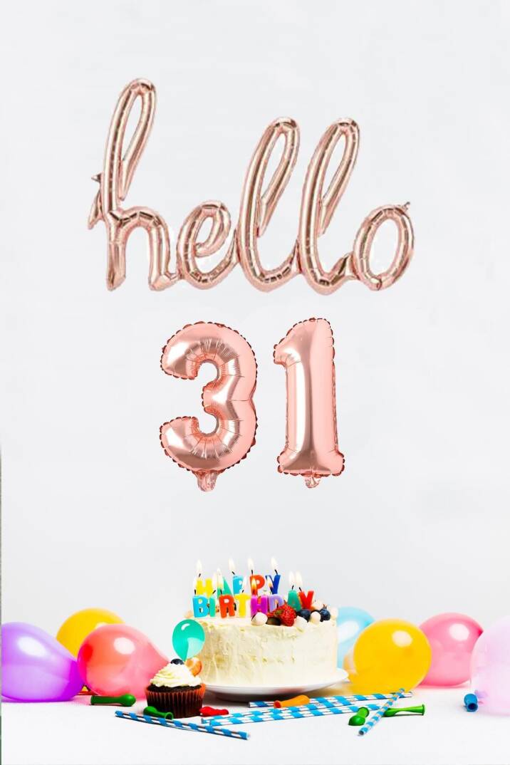 31 Yaş Doğum Günü Balonları - Hello 31 El Yazısı Rose Gold Renk Folyo Balon - 1