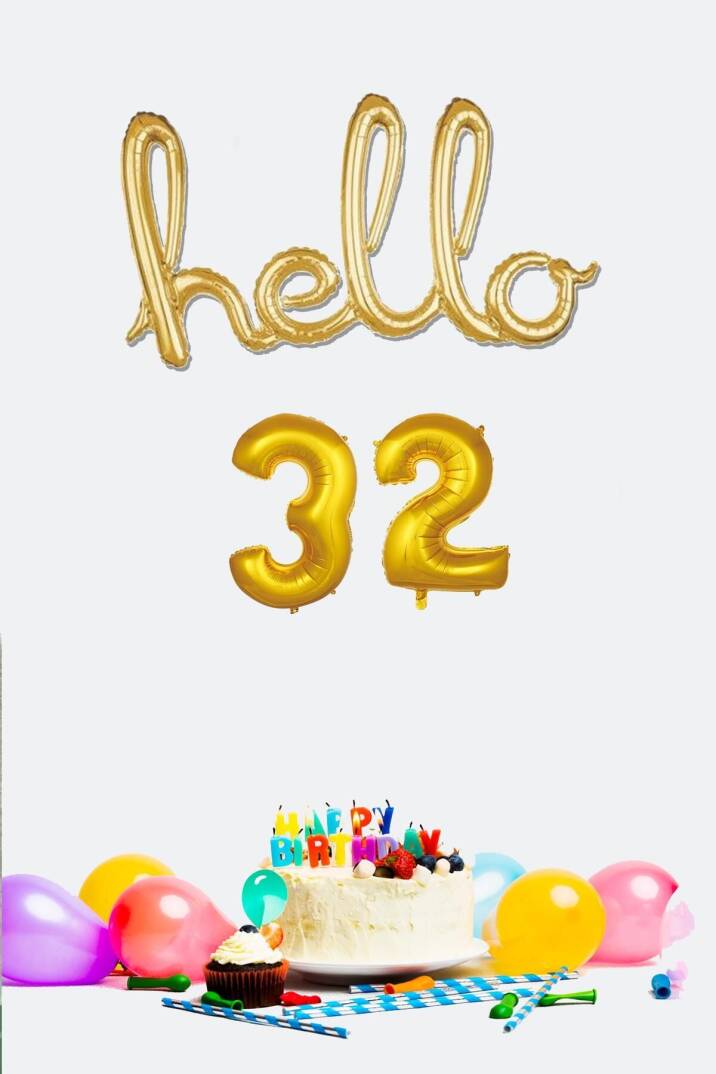 32 Yaş Doğum Günü Balonları - Hello 32 El Yazısı Gold Renk Folyo Balon - 1