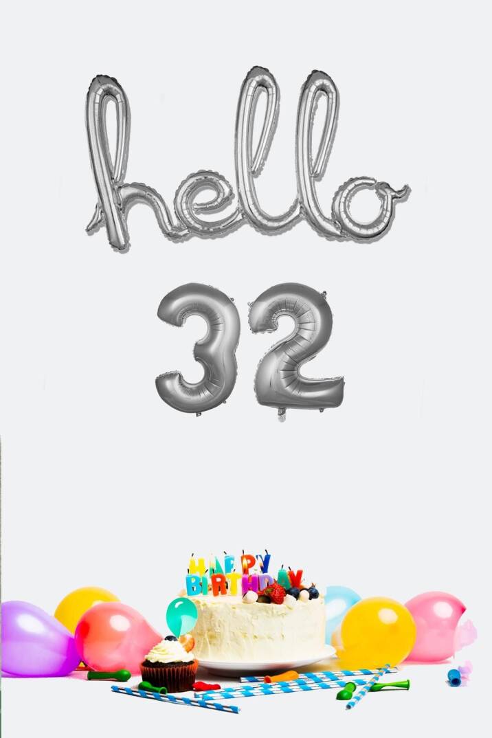 32 Yaş Doğum Günü Balonları - Hello 32 El Yazısı Gümüş Renk Folyo Balon - 1