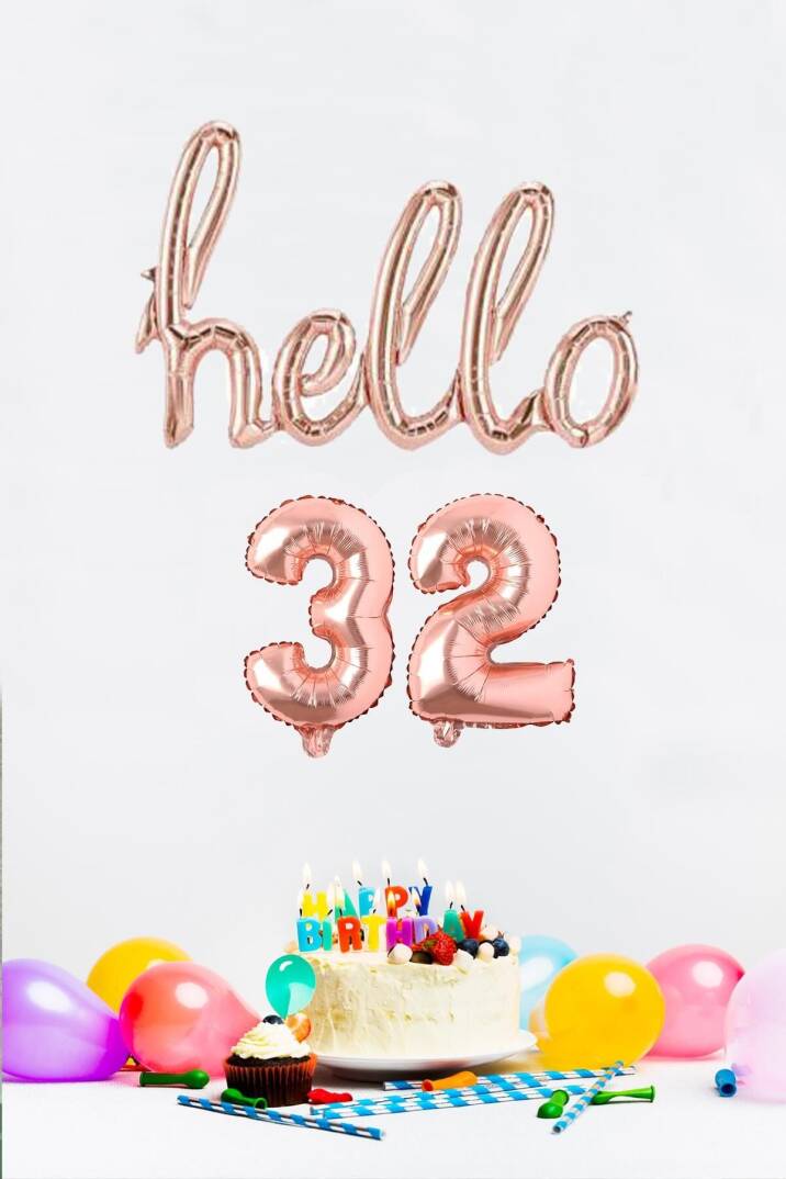 32 Yaş Doğum Günü Balonları - Hello 32 El Yazısı Rose Gold Renk Folyo Balon - 1
