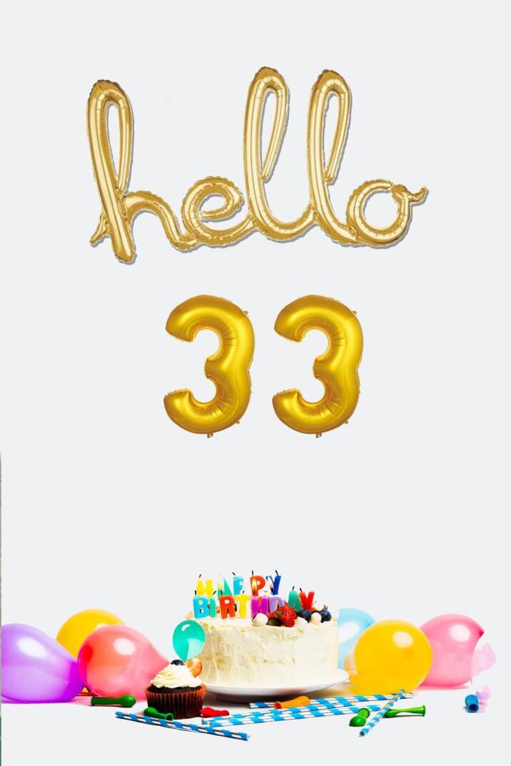 33 Yaş Doğum Günü Balonları - Hello 33 El Yazısı Gold Renk Folyo Balon - 1