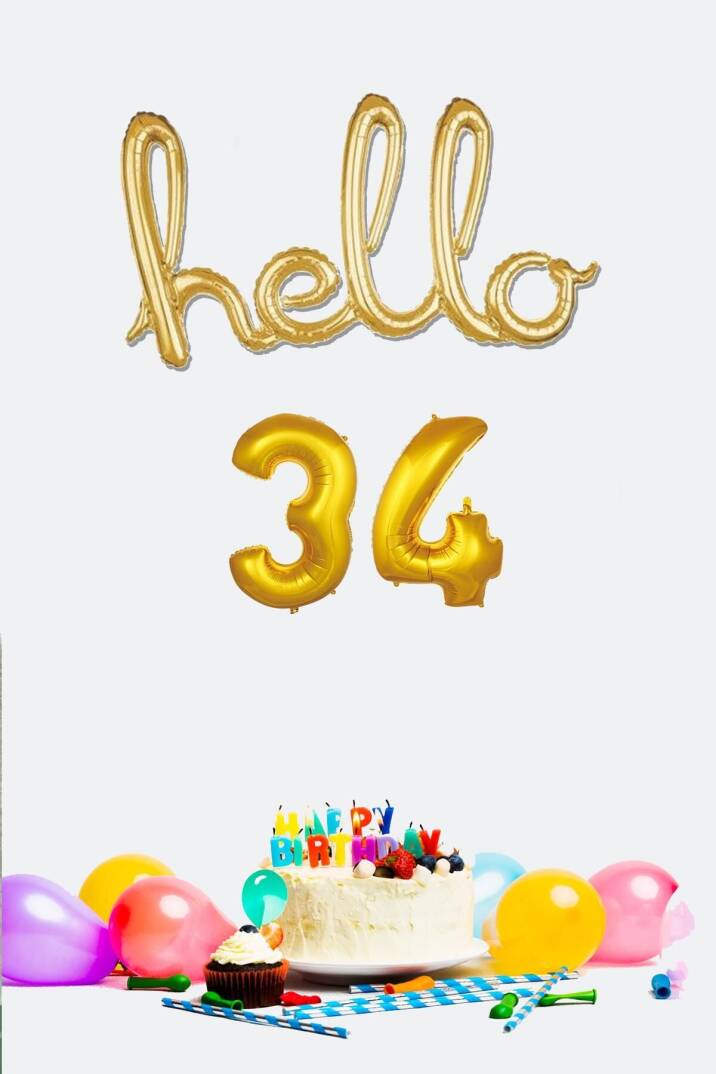 34 Yaş Doğum Günü Balonları - Hello 34 El Yazısı Gold Renk Folyo Balon - 1